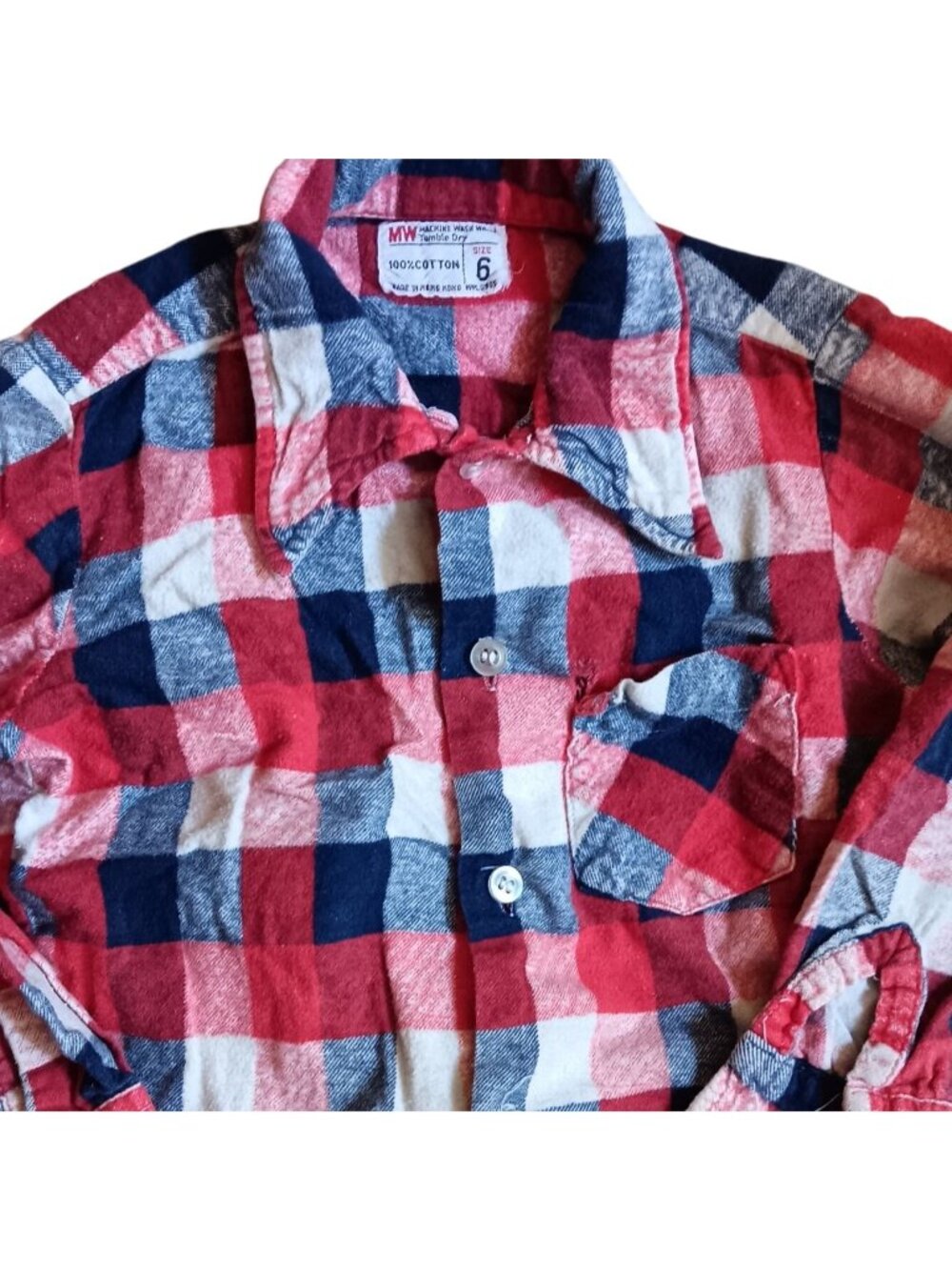 Vintage Flannel Shirt Boys 6 Distress 1970's Red/Blue Plaid Cotton JC Penney